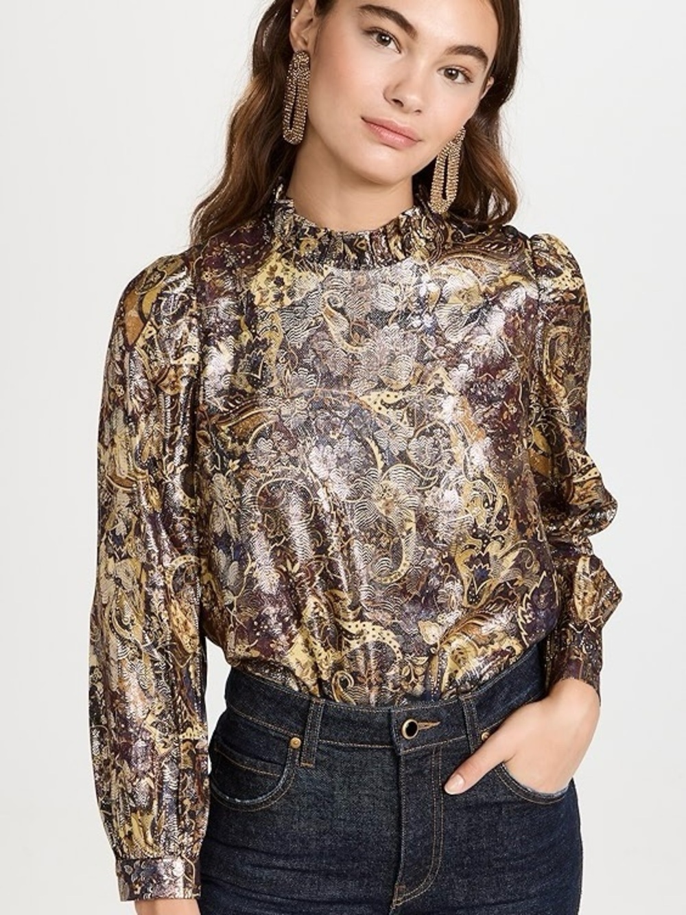 Ba&sh Top Calo Blouse Long Sleeve High Neck Metallic Floral Bordeaux Gold Sz S